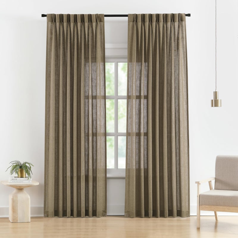 Vision Home Brown Pinch Pleated Semi Sheer Curtains Textured Linen Blended Light Filtering Window Curtains 102 inch for Living Room Bedroom Pinch Pleat Drapes with Hooks 2 Panels 40"" Wx102 L - Image 2